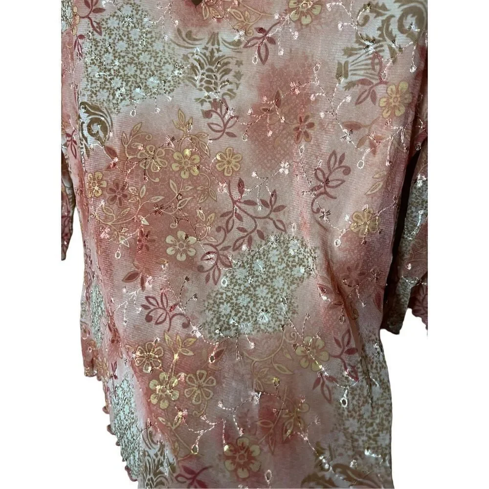 Dressbarn Y2K Floral Embroidered 3/4 Sleeve Top‎
